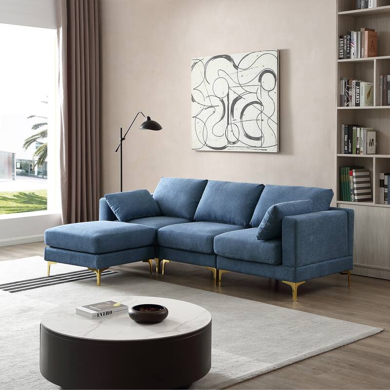 92'' Turquoise L-Shaped 3-Seater Sofa with Ottoman, 2 Pillows, Gold Metal Legs, and Polyester Fabric