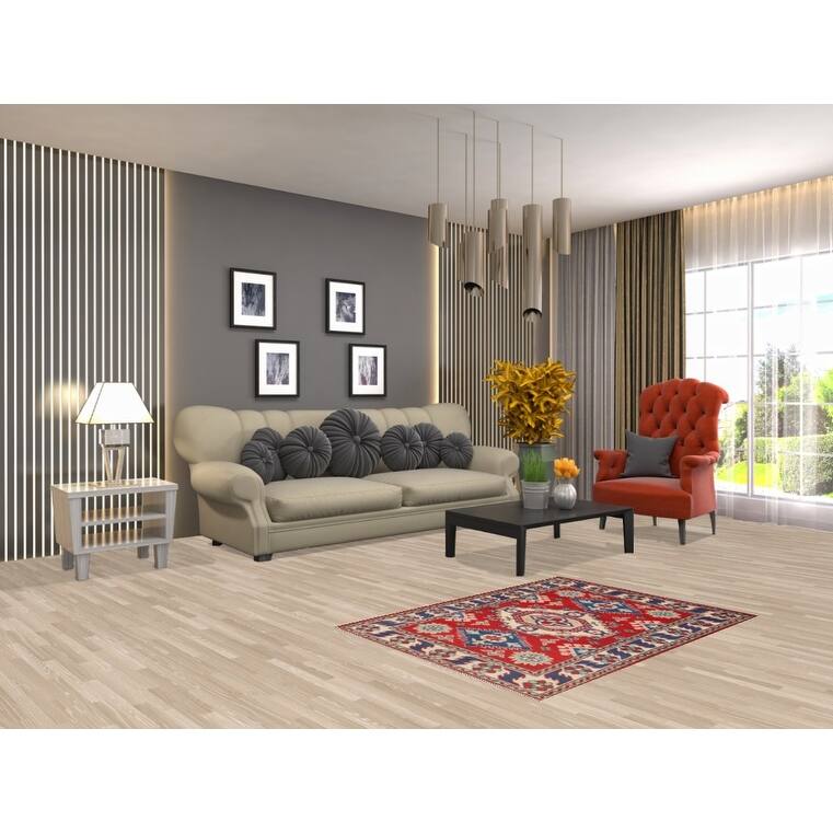 Oriental Kazak Accent Rug Hand-Knotted Geometric Red Wool Carpet - 2'10" x 3'11"