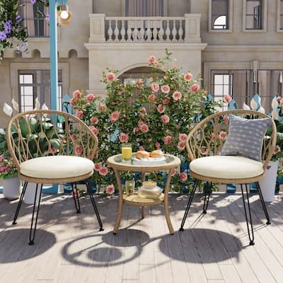 Modern Outdoor Rattan Single Chairs with A Glass Round Table(Set of 2)