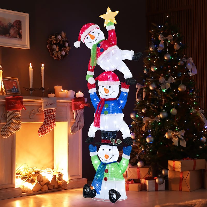 Gymax 6 ft 3D Pre-Lit Christmas Stacked Snowman w/ 155 LED Lights Zip - Multi - See Details - Multi - See Details - LED Lights - overstock.com/bedbathandbeyond.com
