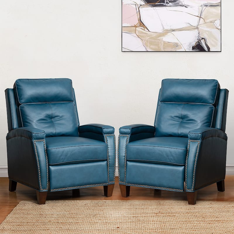 Gaspar Mid-Century Modern Genuine Leather Pushback Recliner with Wood legs Set of 2 by HULALA HOME