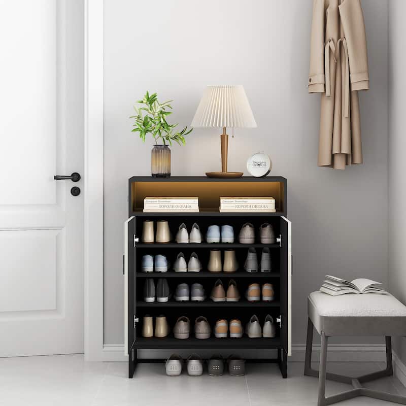 5-Tier Wooden Shoe Cabinet with Doors and Open Shelves