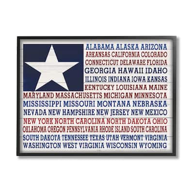 Stupell U.S.A. Star Patriot Flag Listed State Typography Sign Framed Wall Art,Design by Jo Moulton - Multi-Color