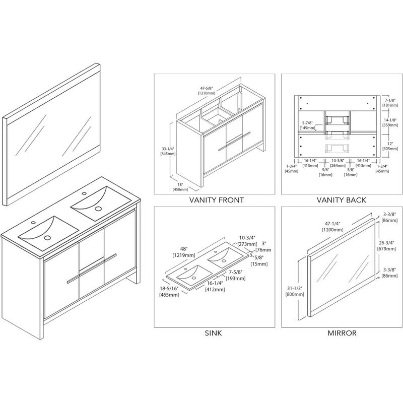 Blossom 48-Inch Double Bathroom Vanity Set with Ceramic Sinks & Mirror