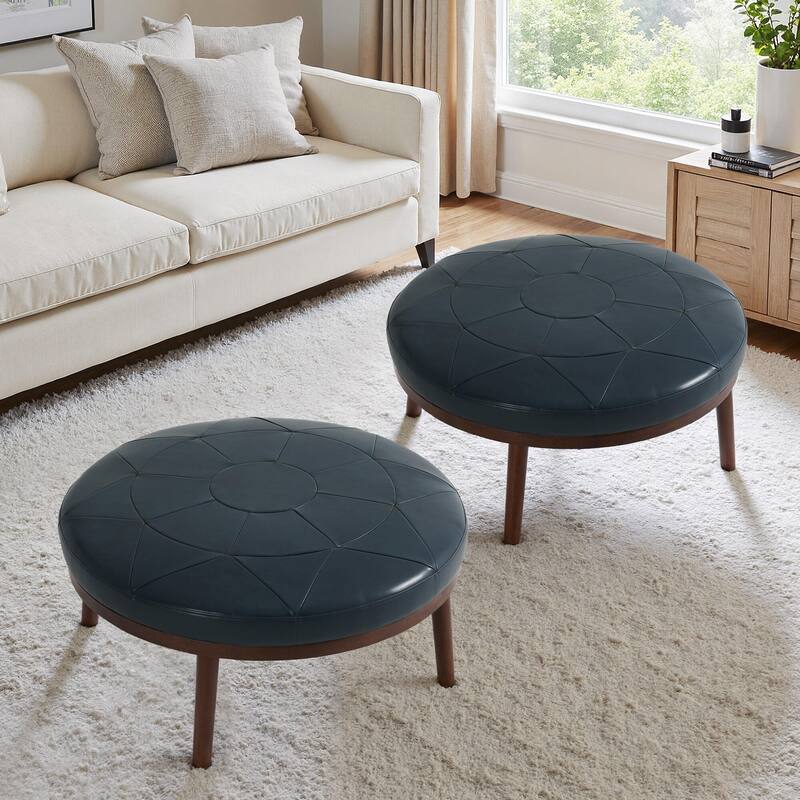 Oversized Full-Grain Genuine Italian Leather Ottoman - Navy Blue - Set of 2