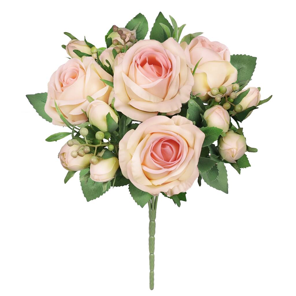 Set of 2 Ivory Pink Artificial Delicate Sweet Rose Flower Stem Bush Bouquet 14in - 14" L x 9" W x 9" DP