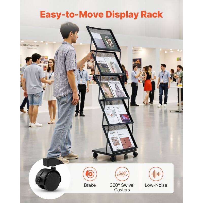 5-Tier Metal Magazine Display Rack with Wheels Mobile Literature Stand for Brochures, Catalogs & Magazines