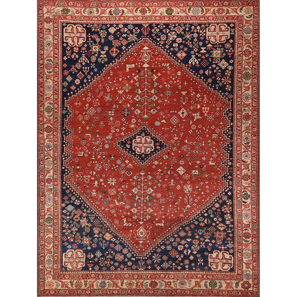 Tribal Geometric Yalameh Vegetable Dye Rug Hand-Knotted Wool Carpet - 9'0" x 11'6"