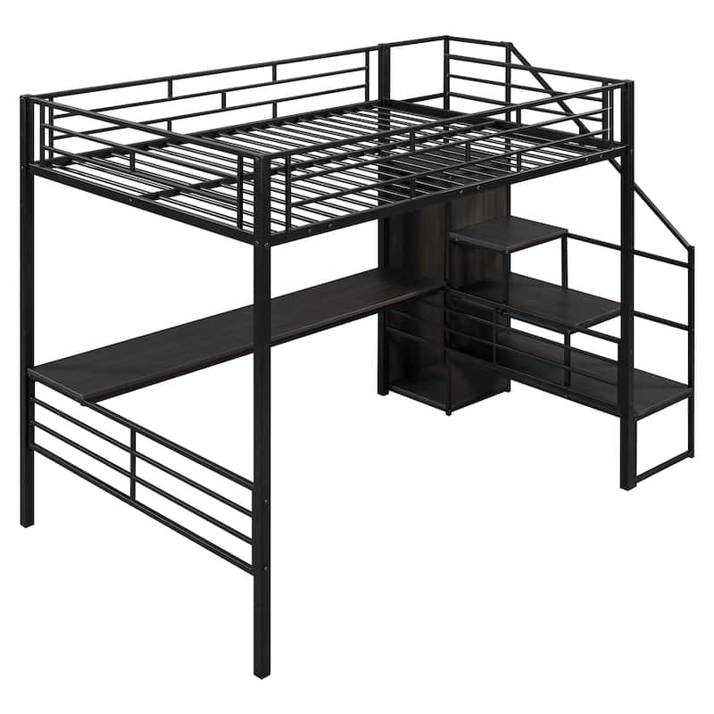 Black Stairway Metal Frame Storage Full Loft Bed with Small Wardrobe ...