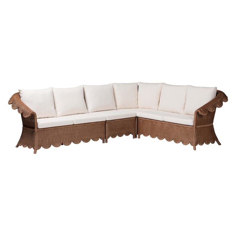 Detta Natural Rattan Sectional Set - Handwoven Wicker Corner Lounge Seating with Scalloped Skirt Base and Rolled Arms - Left Facing