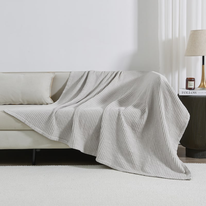 Linery & Co. 100% Cotton All-Season Lightweight Waffle Weave Knit Throw Blanket