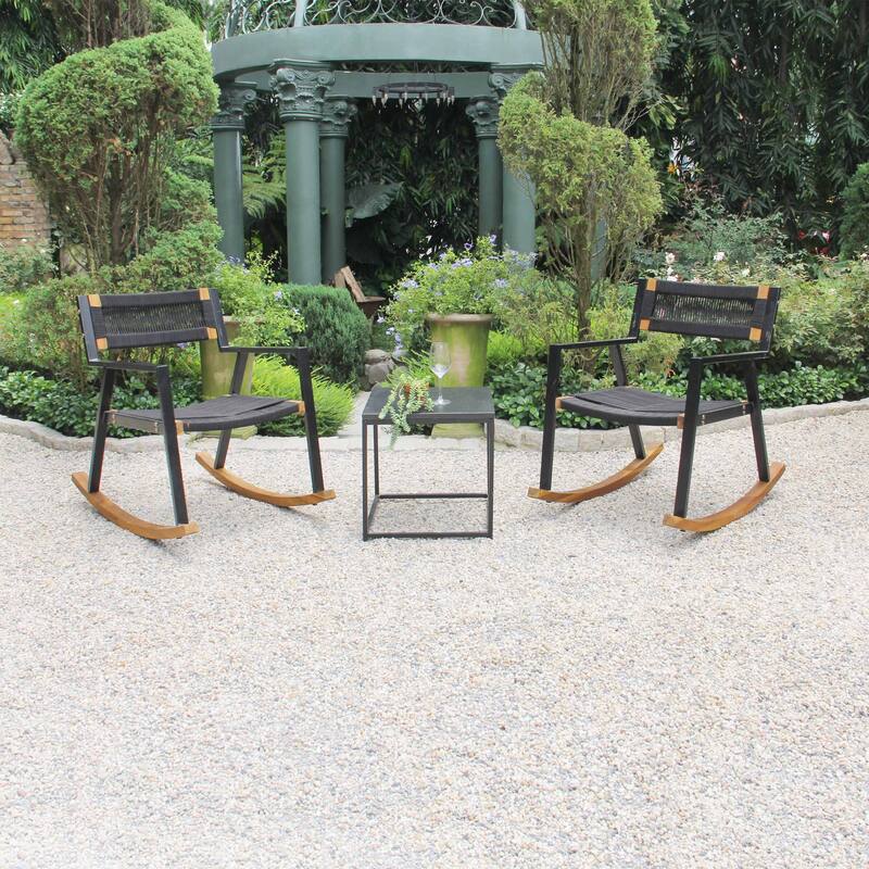 M4H Cabra 3-Piece Solid Wood Metal Rocking Outdoor Rope Chair Set