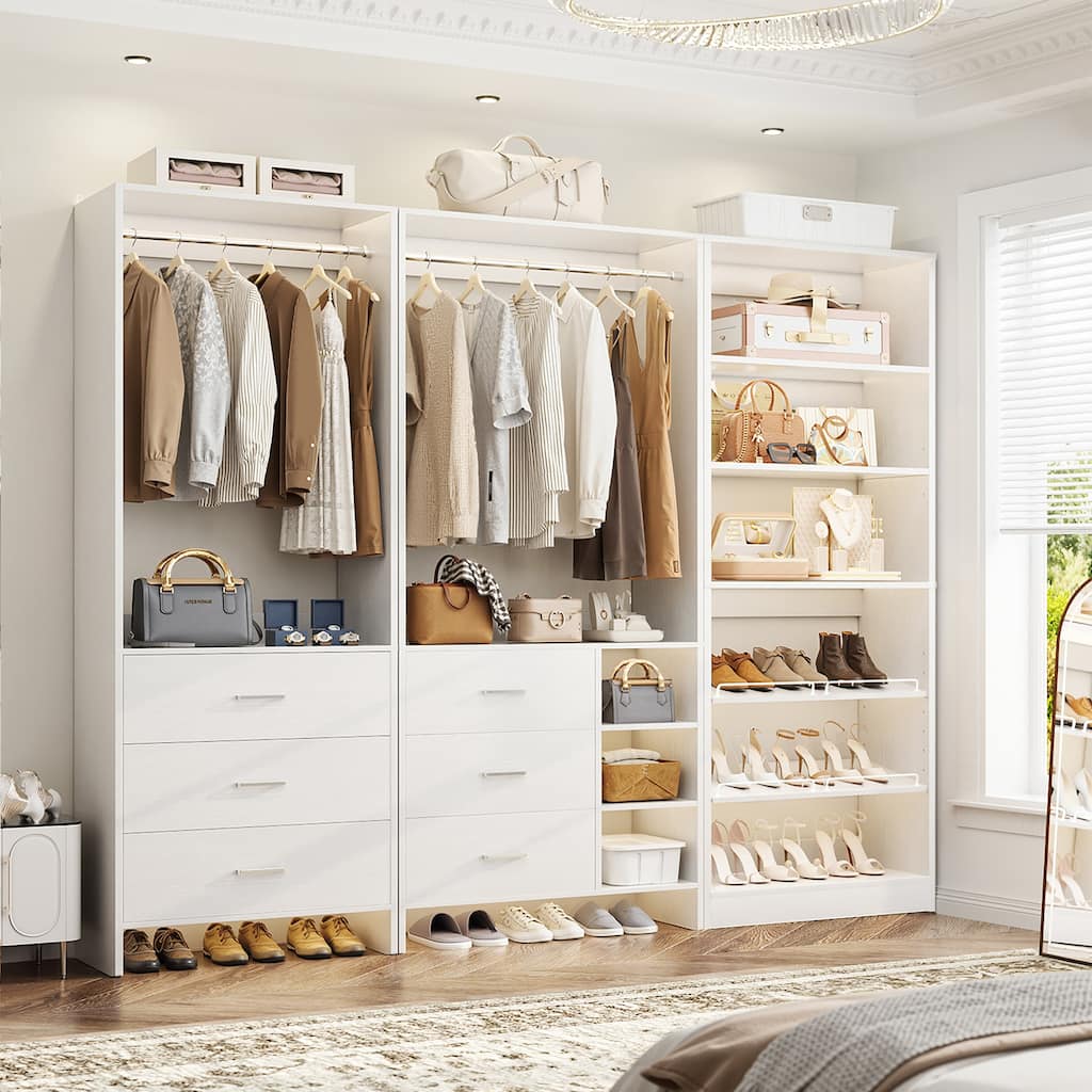 Set of 3 Closet System with Drawers and Shoe Rack, Freestanding Closet Organizer with Hanging Rods and Tower Shelves