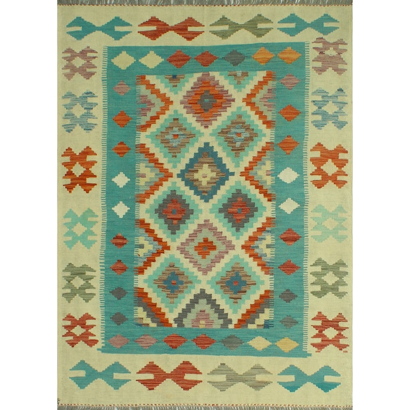 Sangat Flatweave Dell Ivory/Lt. Green Rug - 4'9" x 6'5"