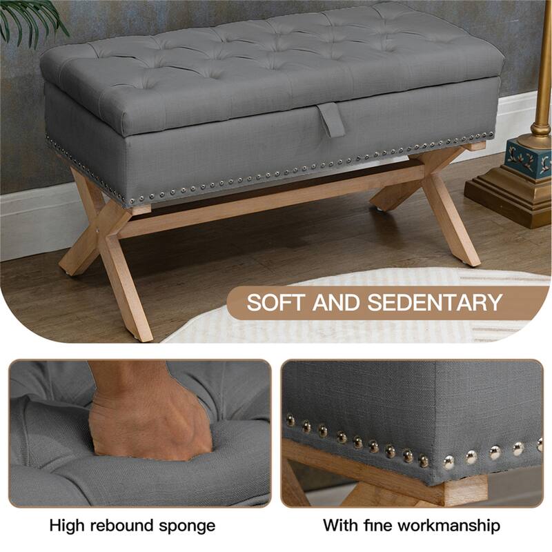 35" Button-Tufted Storage Ottoman Linen Storage Bench