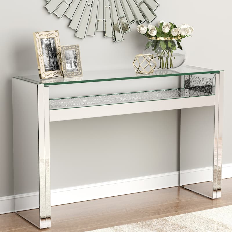 Glamorous Contemporary Mirrored Accent Console Table with LED Lighted Shelf