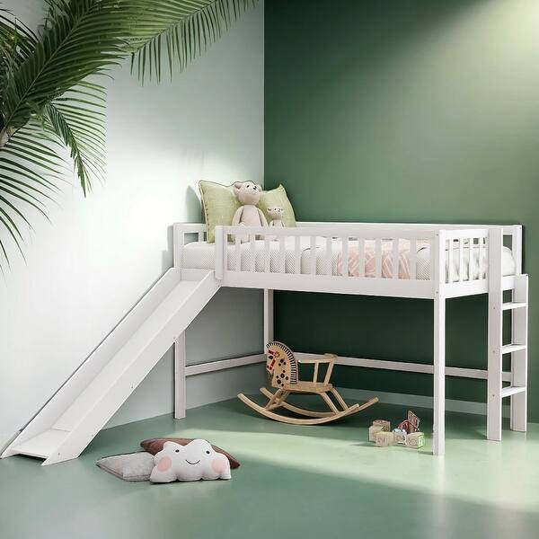 slide 2 of 14, Twin Size Low Loft Bed with Ladder and Slide, Space-saving, White White