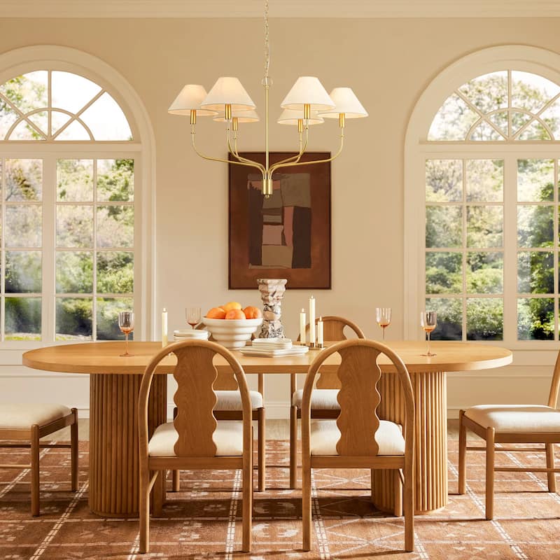 6-Light Mid-Century Modern Brass Chandelier with Beige Fabric Shades - Gold Finish Ceiling Light Fixtur for Living Room