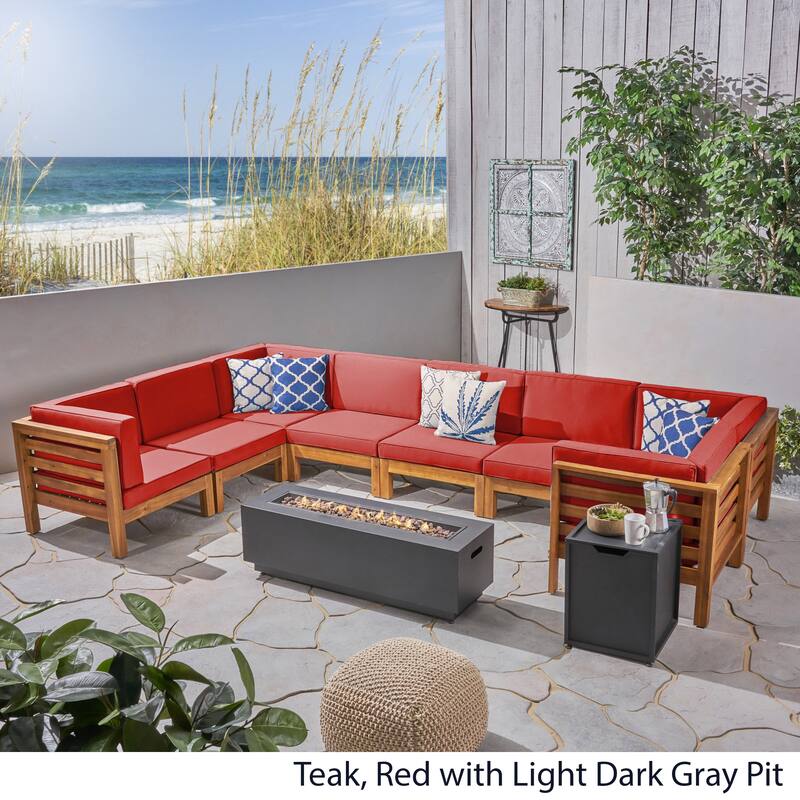 Malawi Outdoor 10-Piece U-Shaped Acacia Wood Sectional Sofa Set with Fire Pit by Christopher Knight Home