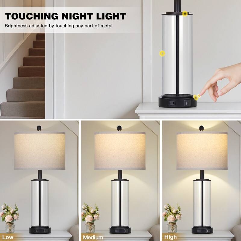 26'' Black Modern Cylinder Table Lamp with USB-C Fast Charging, Dimmable LED, 3-Way Touch(Set of 2) - 12.5'' x 12.5'' x 26''