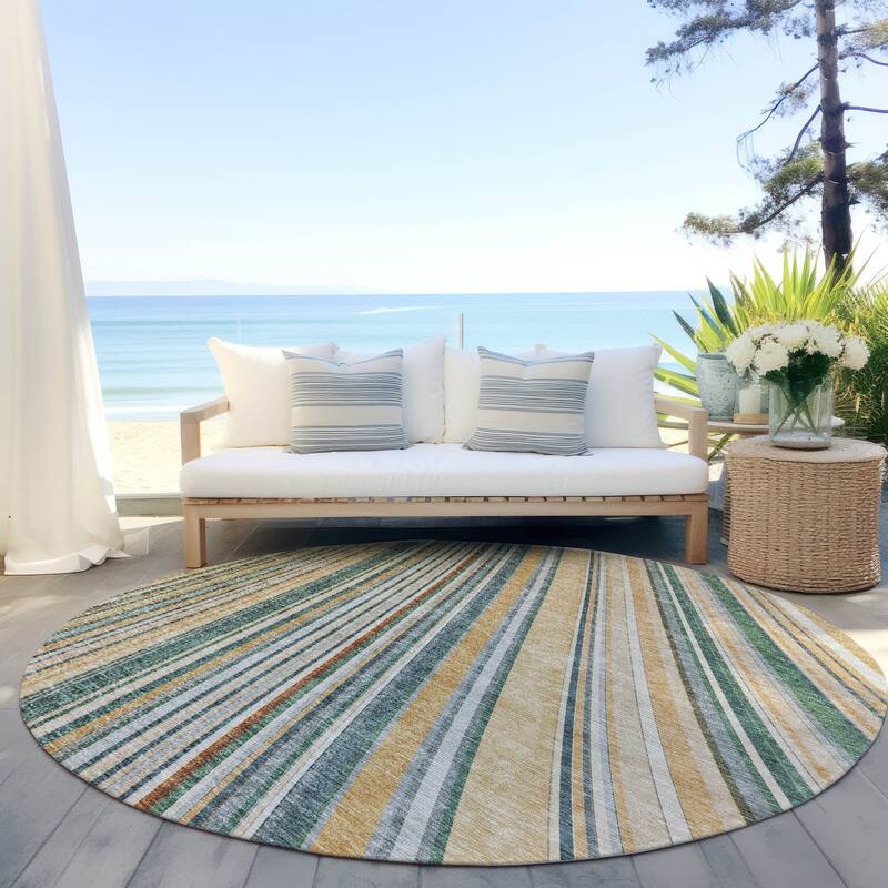 Machine Washable Indoor/ Outdoor Stripe Wave Chantille Rug - Beige - 8' x 8'