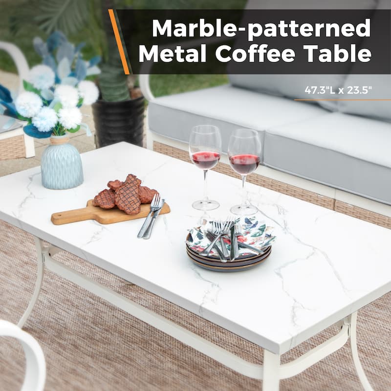 MAISON ARTS 7-Seat Patio Conversation Set, 2/4 x Cushioned Metal Chair, 1 x 2-Seat Sofa,1 x 3-Seat Sofa with Coffee Table