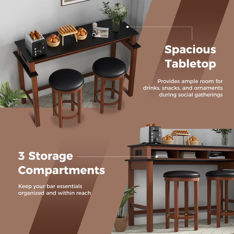 Gymax 3-Piece Home Bar Set Counter Height Bar Table w/ 2 Upholstered