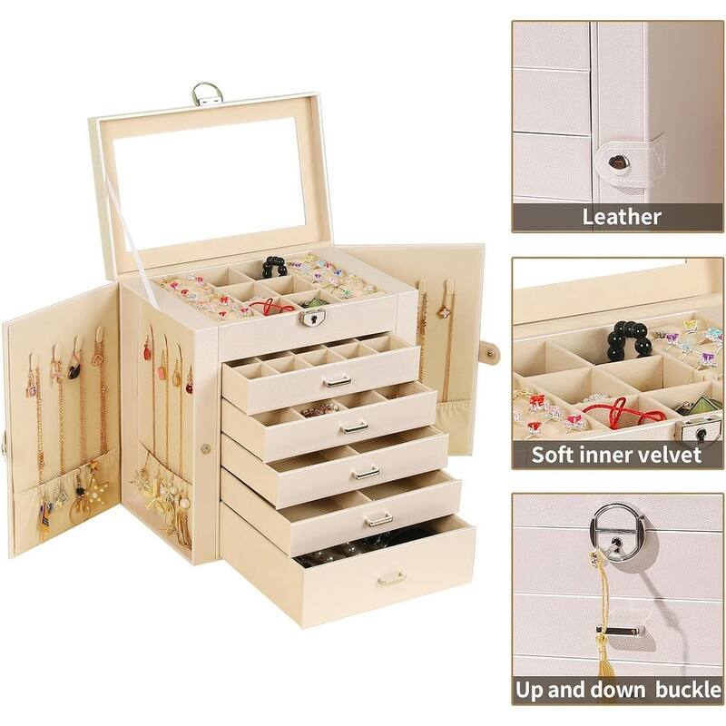 6 Layer Large Jewelry Organizer With Mirror - 6.6"D x 10.6"W x 11"H