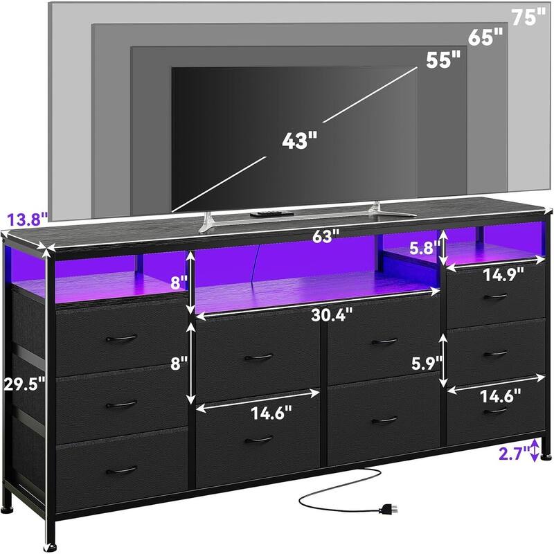 10 Drawer Dresser TV Stand , up to 75"