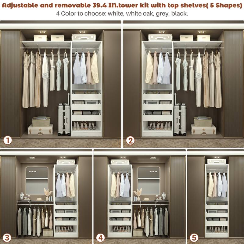 20"-60" Closet System with 3 Wooden Drawers and Sturdy Shelves and Retractable Rods
