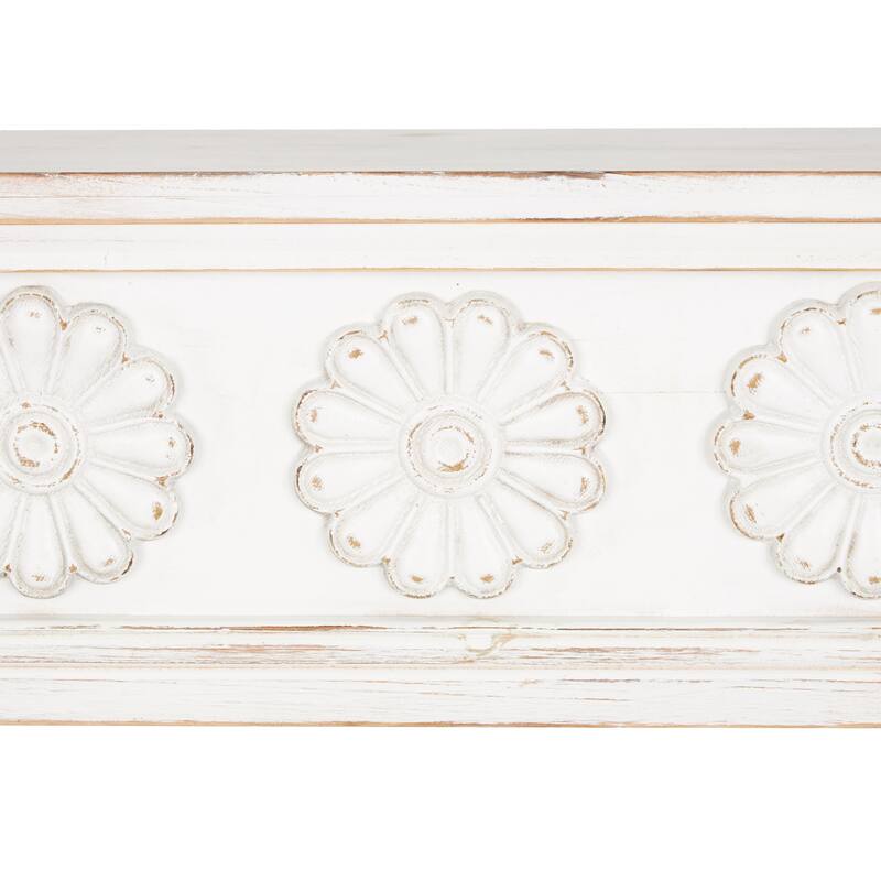 White Wooden Floral Room Wall Shelf with Brown Distressing