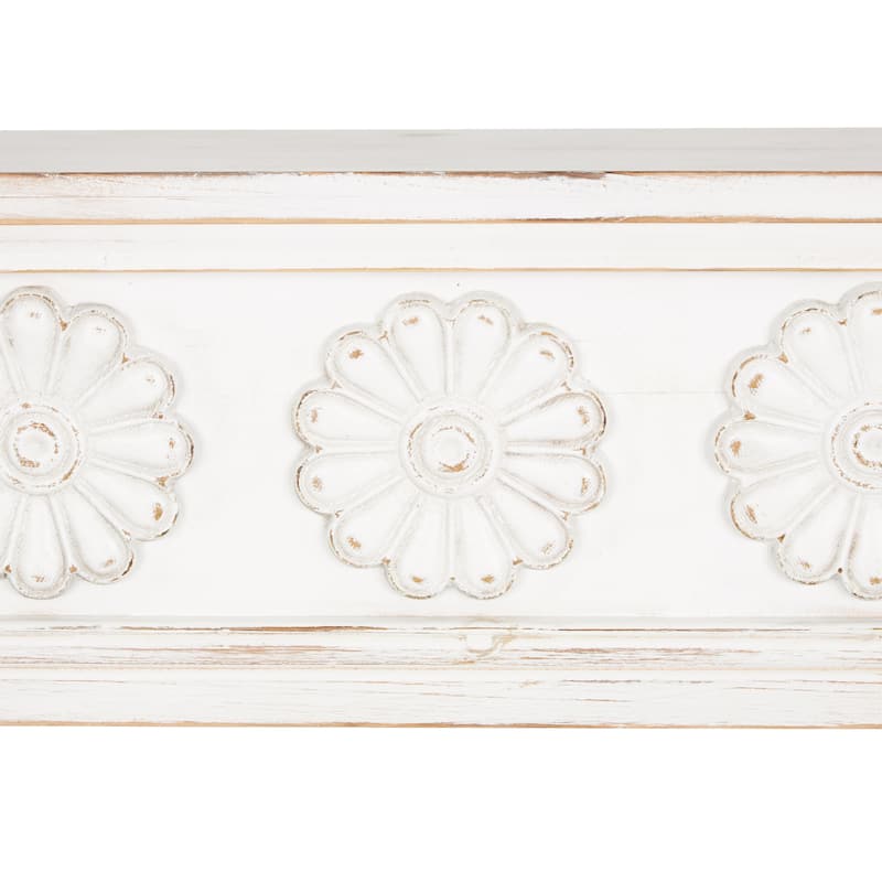 Wooden Floral Wall Shelf with Brown Distressing - White - Roche River Decor
