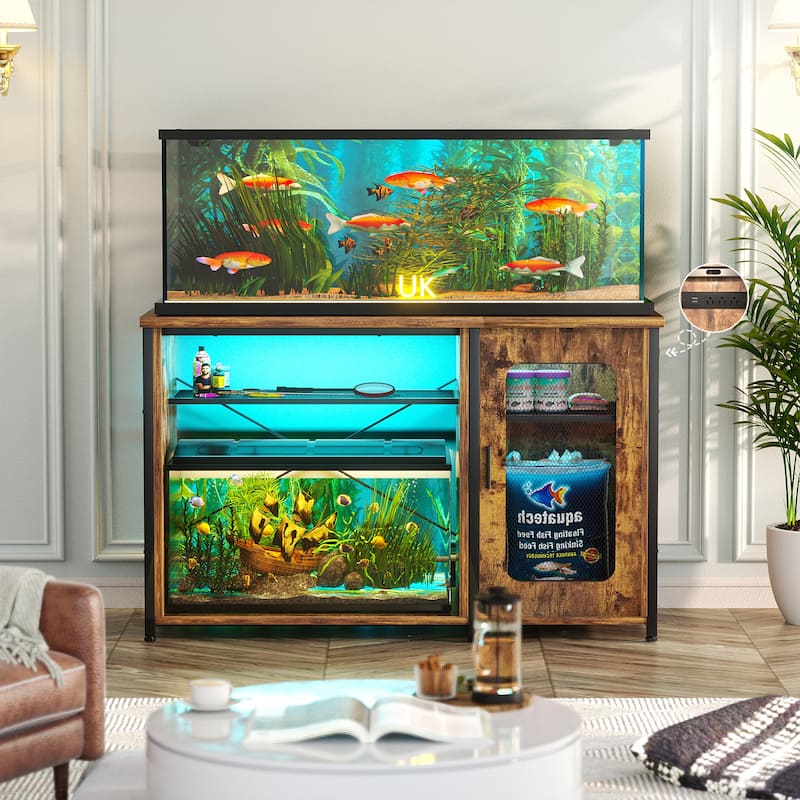 Aquarium Stand with USB Port and LED Light, Fish Tank Stand with Cabinet - Brown