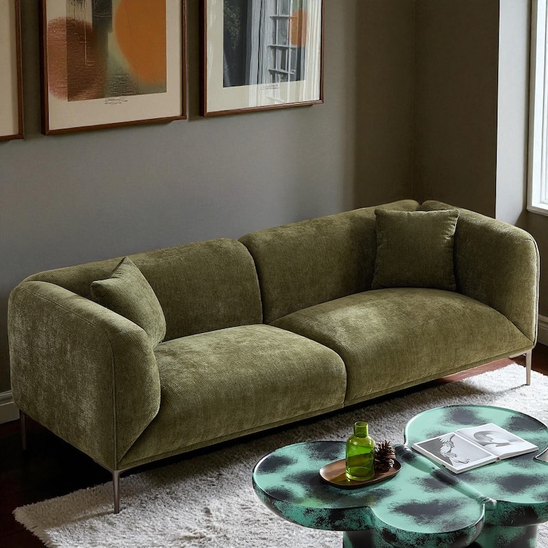 82.6" Modern Curved Boucle Sofa, Thick Cushions & Solid Wood Frame, Cozy Living Room Couch for Reading & Movie Nights - Green