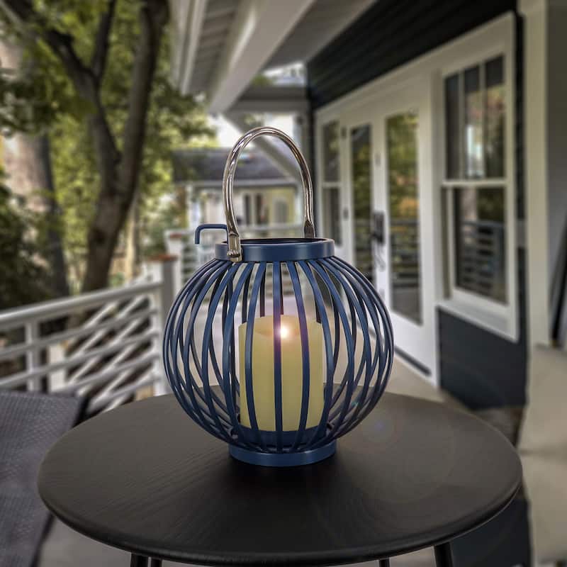 10" Round Ribbed Candle Lantern, Moonlit Ocean Blue by National Tree Company - 10 in