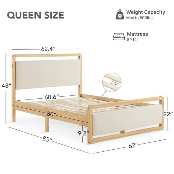 dimension image slide 2 of 4, Spruce & Spring Modern Upholstered Platform Bed Frame with USB & Type-C Charging