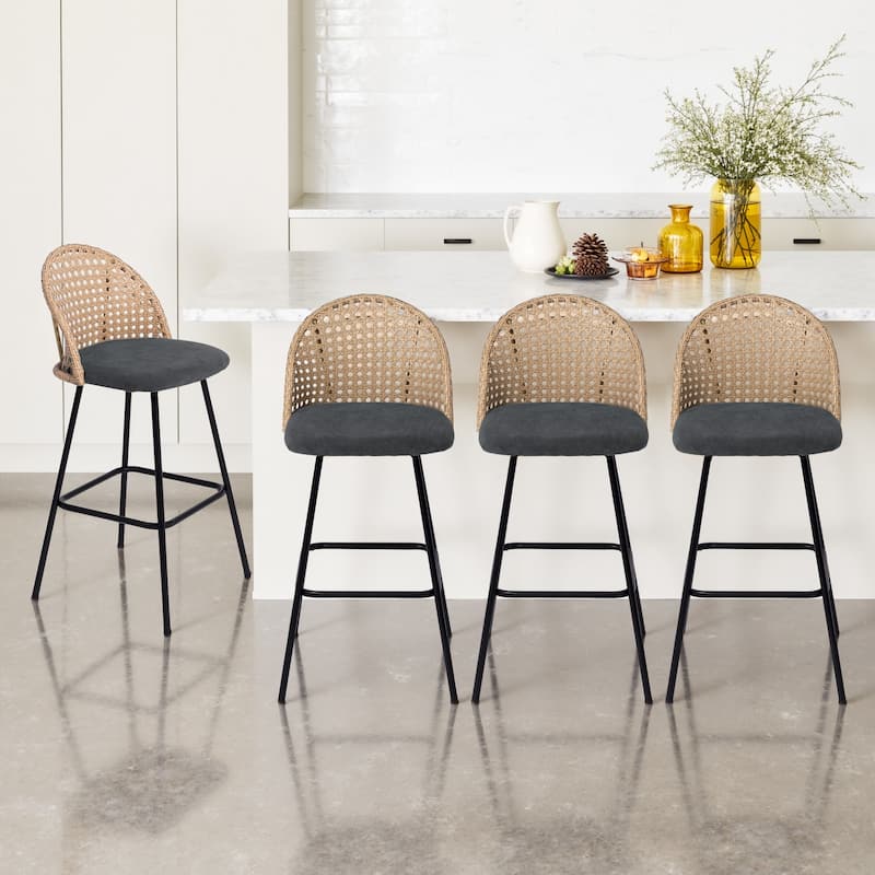 29" Upholstered Swivel Bar Stools with Rattan Back - Set of 4 - Black