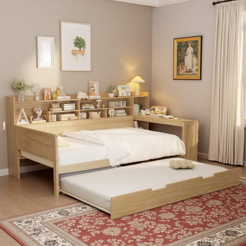 Full Size Daybed with Storage Shelves, Multi-Functional Bed with Twin Trundle and Built-In Study Desk, Space-Saving Design - Natural - Twin