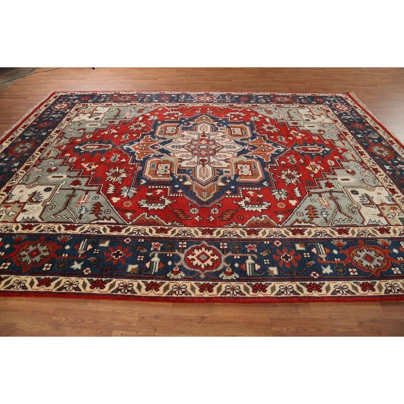 Geometric Red Heriz Serapi Oriental Area Rug Handmade Wool Carpet - 8'10"x 12'0"