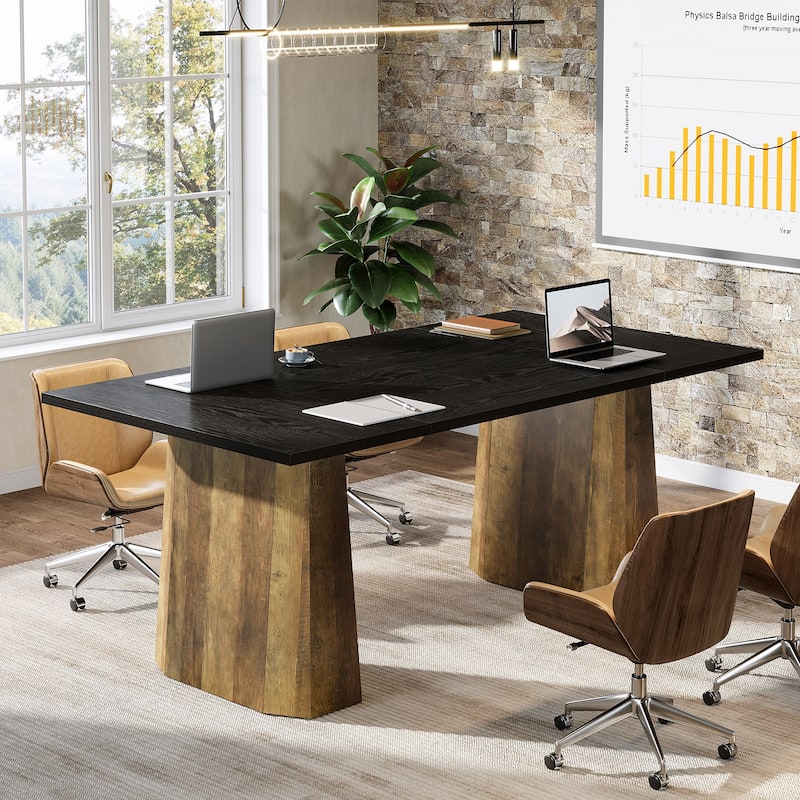 63-Inch Office Computer Desk, Large Simple Executive Desk with Double Wooden Pedestal