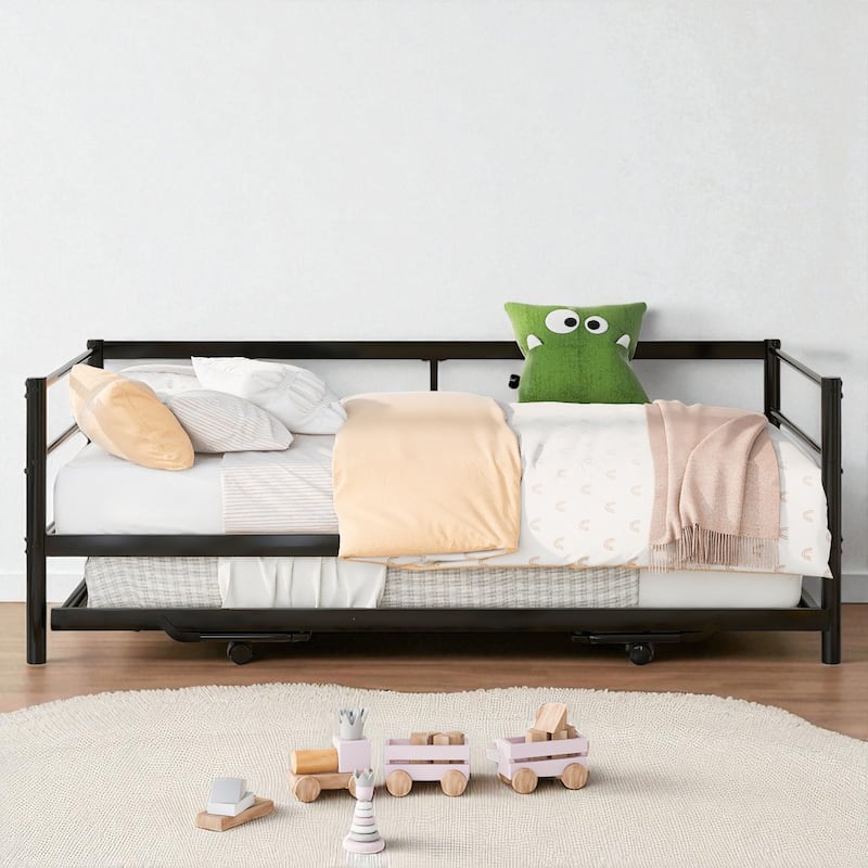Twin Metal Daybed with Adjustable Pop-Up Trundle, No Box Spring Required - Black - Twin