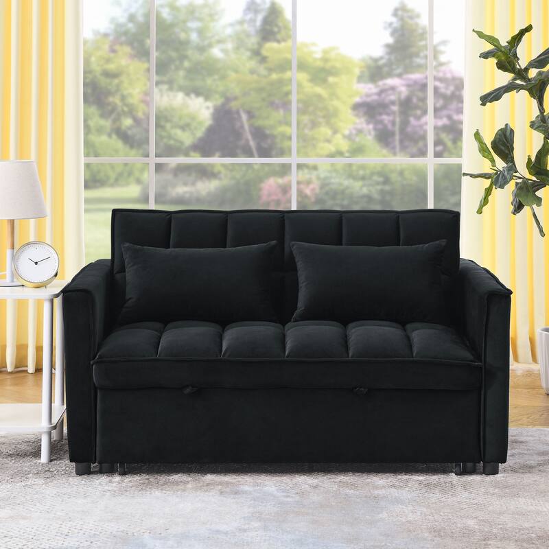 Black 53.94" Velvet 3 in1 Loveseat Pull-Out Sofa Bed withTwo Side Pockets and Adjustable Backrest for Living Room