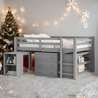 Low Study Full Loft Bed with Cabinet and Rolling Portable Desk, Grey