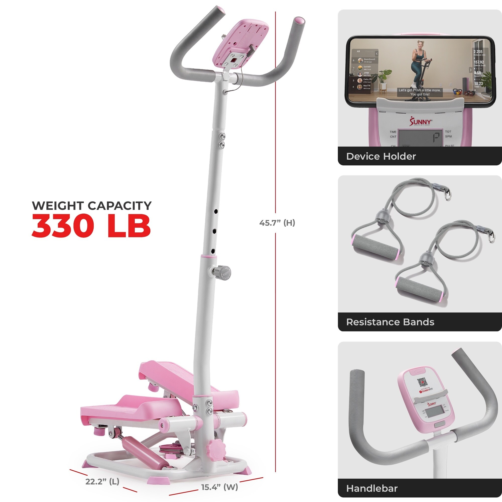 Sunny Pink Smart Stair Stepper w Handlebars & Bands - P2410 - Bed