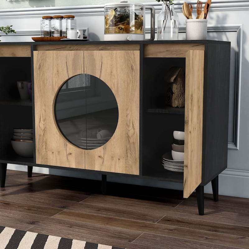 DH Basic Mid-Century Modern Light Oak and Black 6-shelf Buffet by Denhour