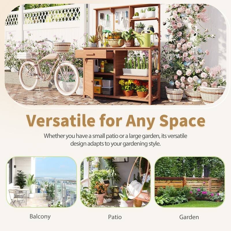 Fir Wood Potting Bench with Hutch, Garden Workstation for Planting, 4 Shelves & Adjustable Storage,with Hooks, 50.2''Countertop