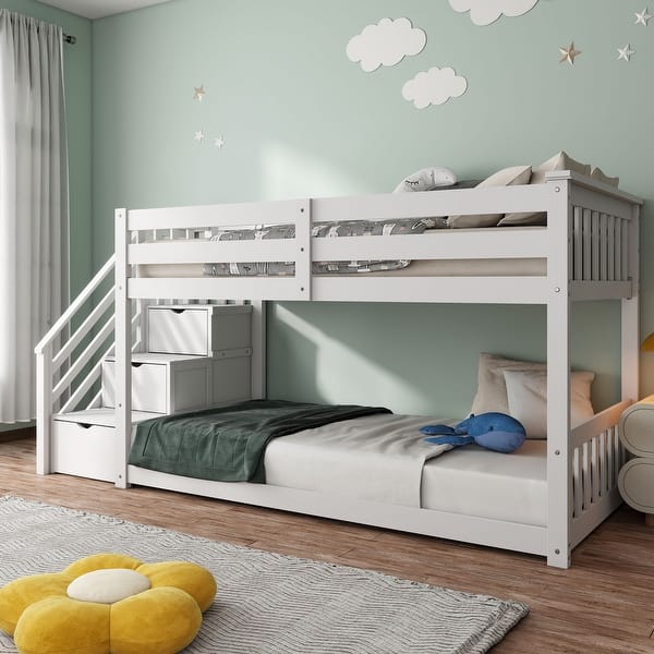 slide 2 of 9, Furniture of America Chalina Modern Pinewood Twin over Twin Low Profile Bunk Bed with 3-Drawer Reversible Storage Staircase White