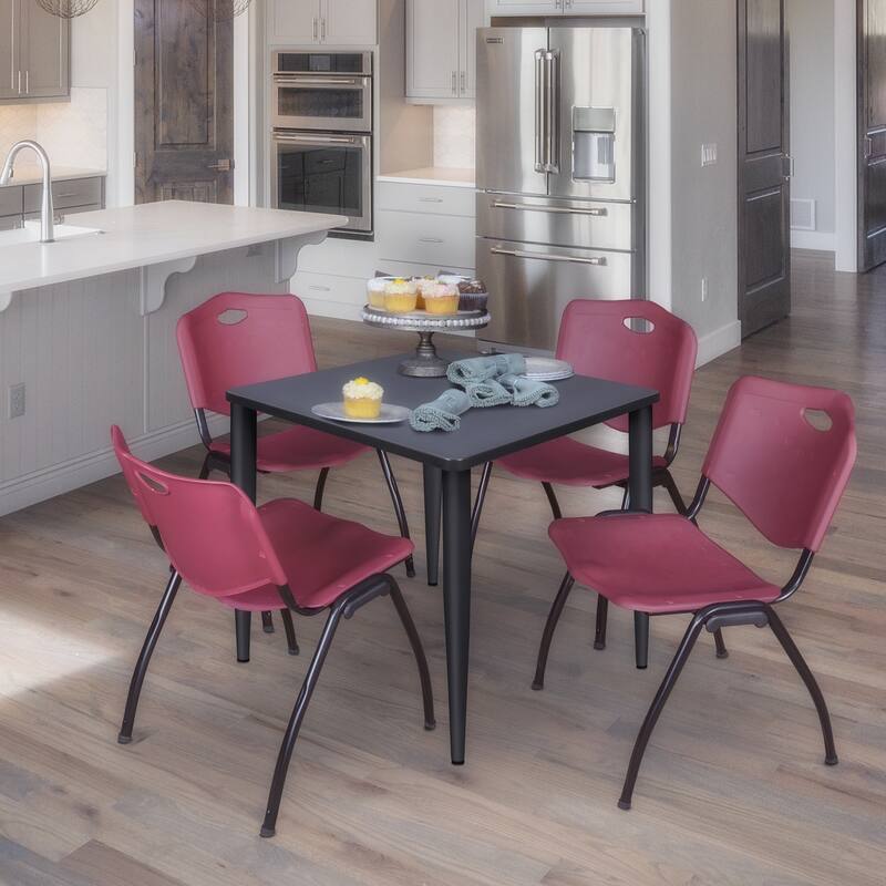 30 in. Square Breakroom Table- Grey Top, Black Base & 4 M Stack Chairs- Burgundy