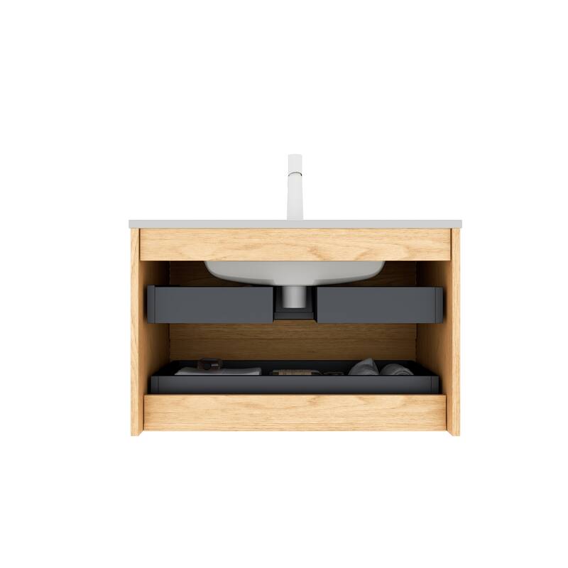 Minimalist Wall Floating Bathroom Vanity Horizontal Stripe Storage Cabinet with Integrated Sink and 2 Soft Close Drawers