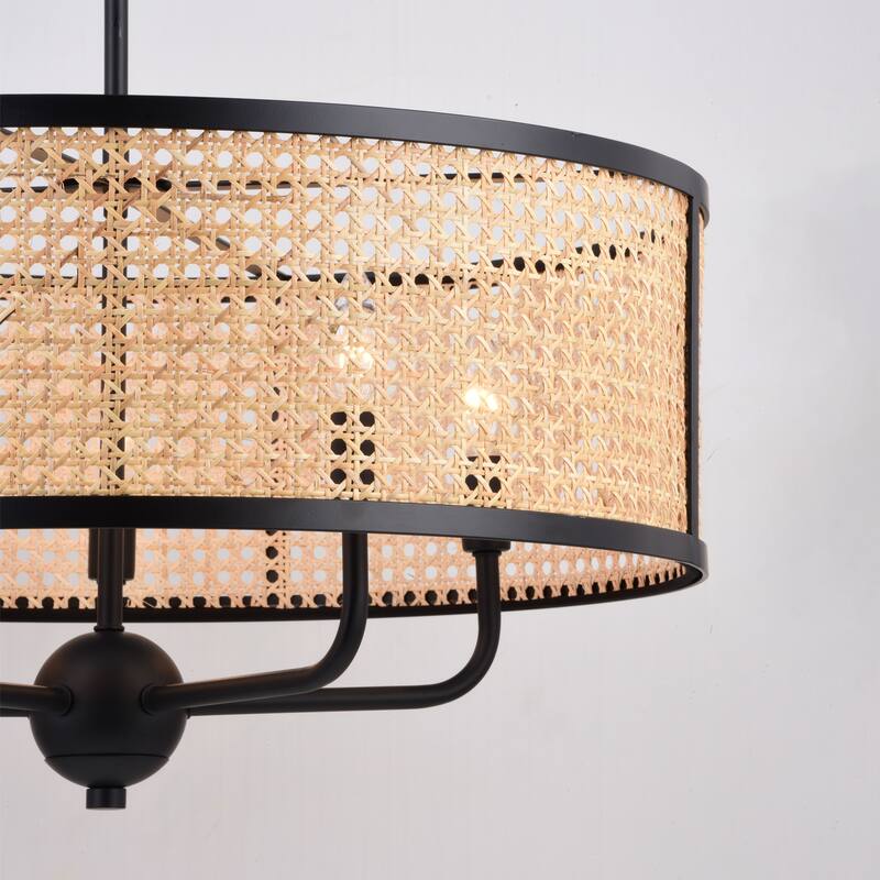 Berens 5 Light Matte Black Modern Farmhouse Drum Pendant Fixture with Rattan Cane Shade - 24-in W x 13.5-in H x 24-in D